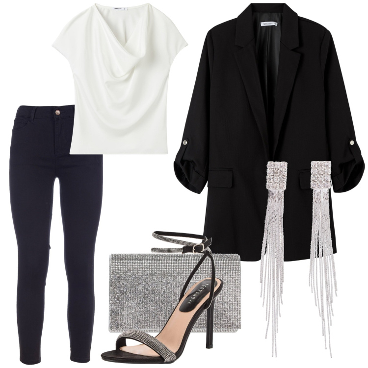 Outfit donna - Total look #1891285. Stile Glamour per Serata fuori. Abbinamento con orecchini, bluse, sandali col tacco, blazer, jeans skinny, pochette.