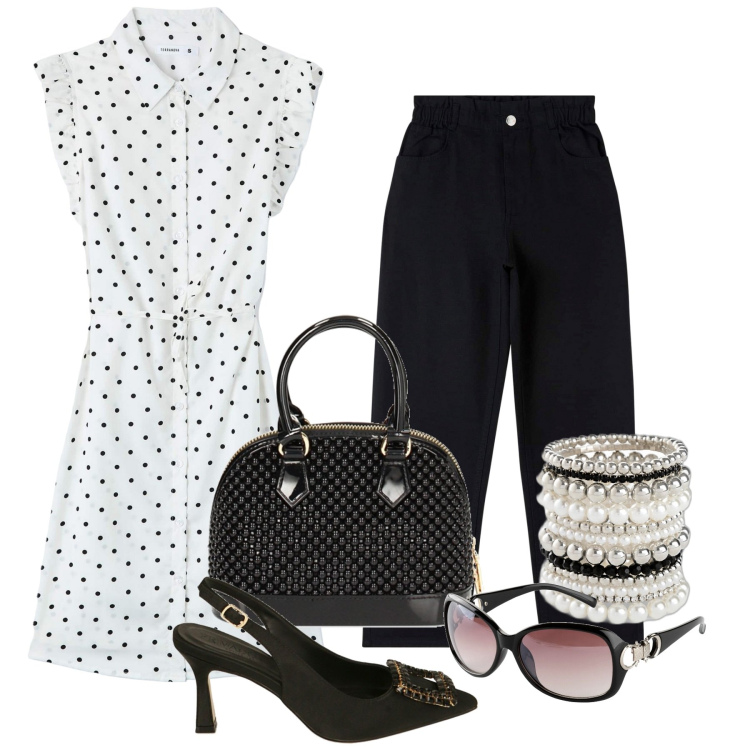 Outfit donna - Total look #1891292. Stile Vintage retrò per Serata fuori. Abbinamento con braccialetti, occhiali da sole, camicie a manica corta, pantaloni, borse a mano, décolleté.