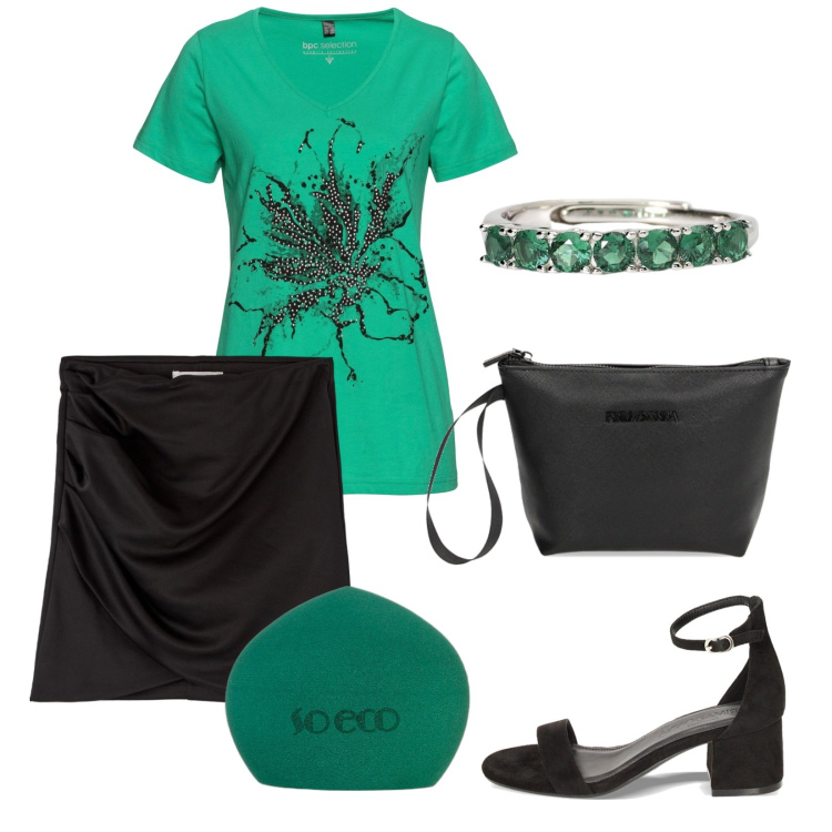 Outfit donna - Total look #1891302. Stile Casual chic per Tutti i giorni. Abbinamento con t-shirt, fondotinta, gonne, anelli, sandali col tacco, valigie.