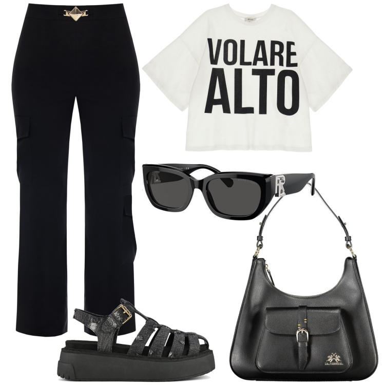 Outfit donna - Calzature estive. Stile Urban per Ufficio. Abbinamento con pantaloni cargo, occhiali da sole, t-shirt, sandali, borse a spalla.