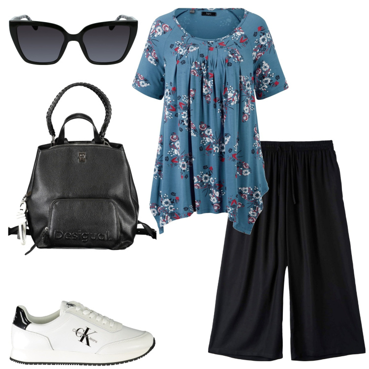 Outfit donna - Total look #1891309. Stile Urban per Tutti i giorni. Abbinamento con maglieria, pantaloni a palazzo, zaini, sneakers, occhiali da sole.