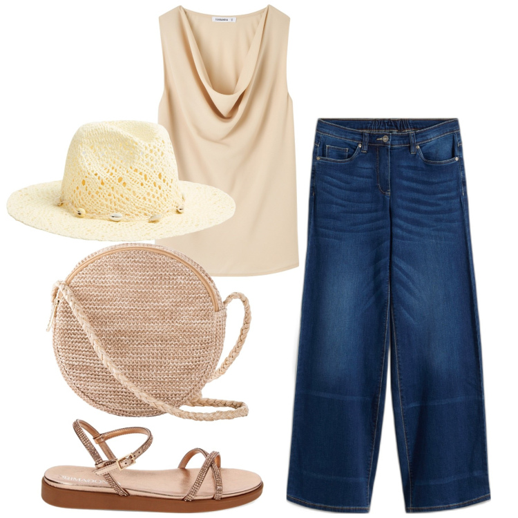 Outfit donna - In libertà. Stile Casual chic per Tutti i giorni. Abbinamento con jeans, borse a tracolla, top, cappelli, sandali gioiello.