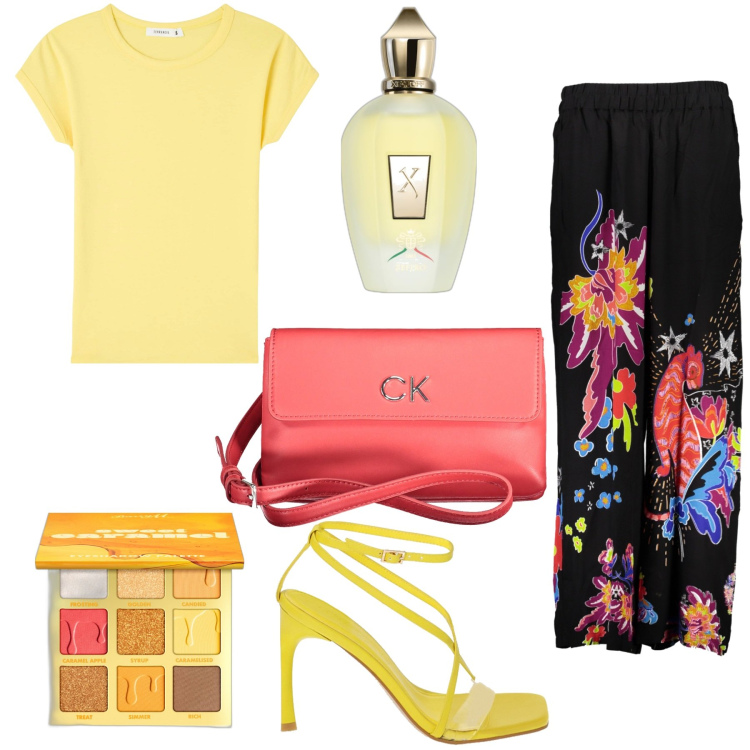 Outfit donna - Tanti colori. Stile Etnico per Serata fuori. Abbinamento con profumi, ombretti, t-shirt, sandali col tacco, pantaloni, borse a tracolla.