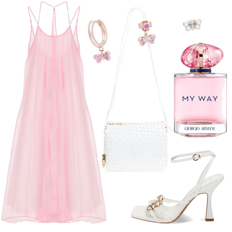Outfit donna - Moderne principesse. Stile Romantica per Serata fuori. Abbinamento con orecchini, profumi, borse a tracolla, vestiti lunghi, sandali col tacco.