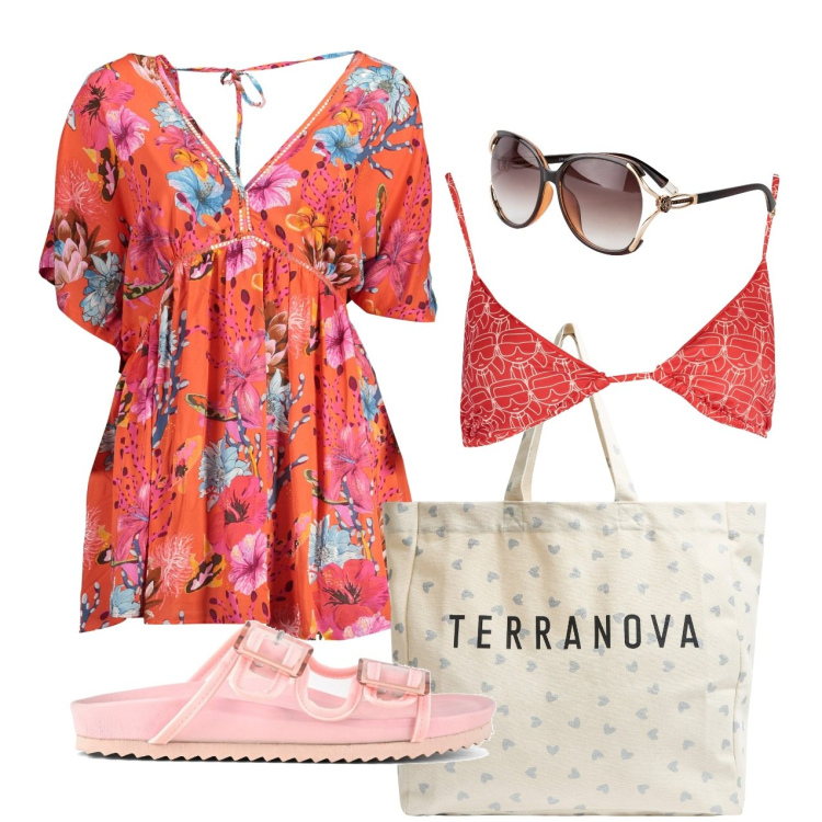 Outfit donna - Mare. Stile Boho per Mare. Abbinamento con occhiali da sole, shopping bag, sandali, vestiti corti, costumi.