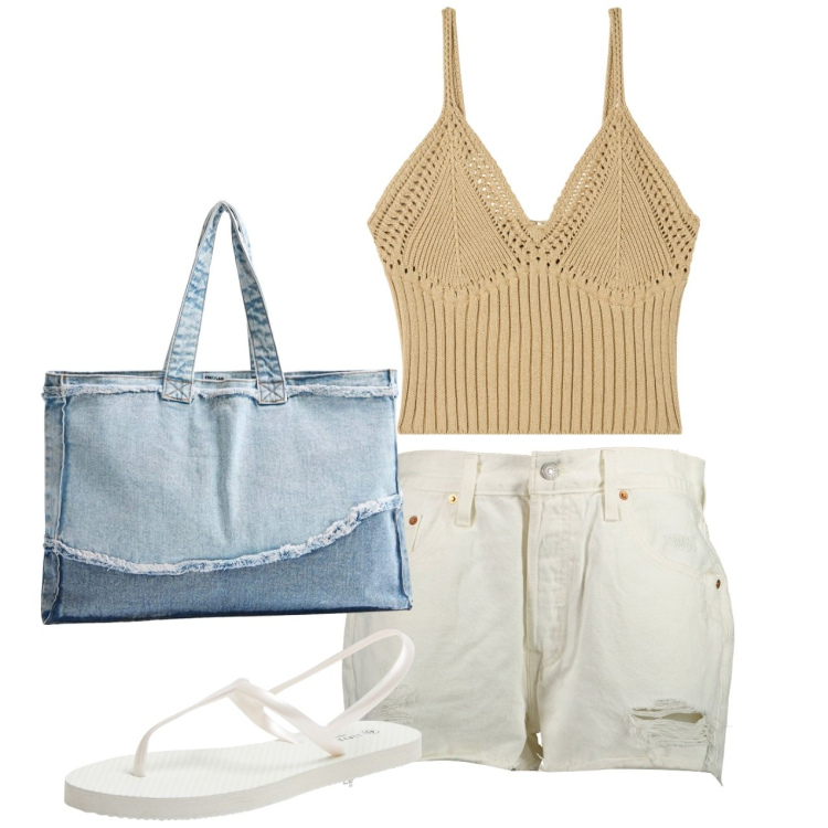Outfit donna - Shorts. Stile Casual per Tutti i giorni. Abbinamento con sandali, top, shopping bag, jeans strappati.