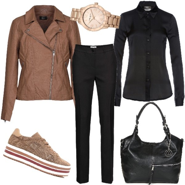 Outfit donna - Trendy. Stile Trendy per Ufficio. Abbinamento con pantaloni, camicetta effetto satinato, giubbotto collo classico a maniche lunghe con zip interno foderato in pelle sintetica tinta unita, borsa a tracolla nero, sneakers flatform a rete, orologio in oro rosa.