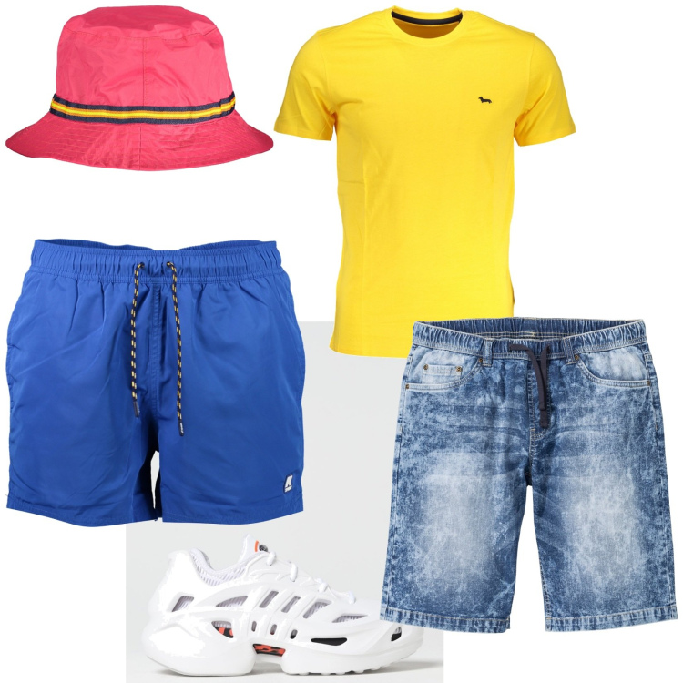 Outfit uomo - Total look #1891382. Stile Trendy per Mare. Abbinamento con bermuda, sneakers, t-shirt, cappelli, costumi.
