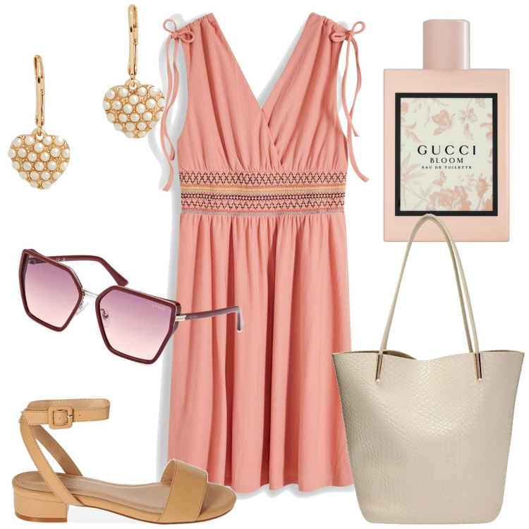 Outfit donna - Passepartout estivi. Stile Casual chic per Tutti i giorni. Abbinamento con vestiti, profumi, borse a spalla, sandali, orecchini, occhiali da sole.
