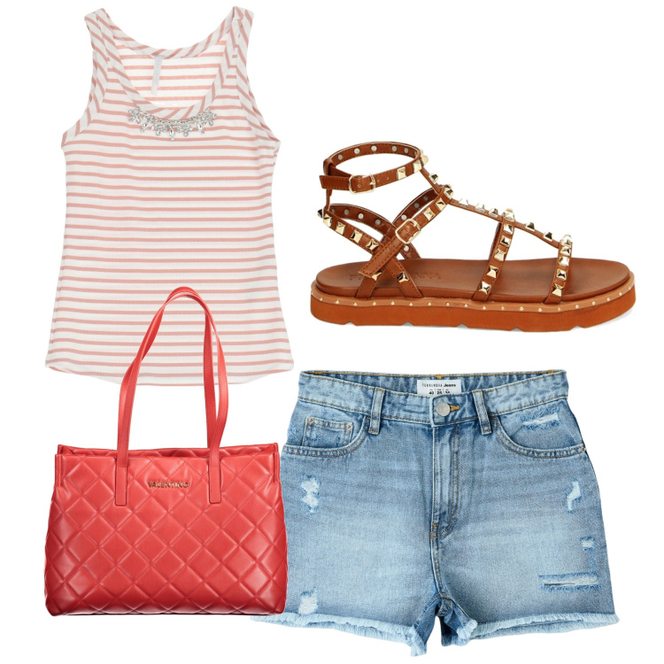 Outfit donna - Casual a righe. Stile Casual per Tutti i giorni. Abbinamento con shorts, top, sandali, borse a spalla.