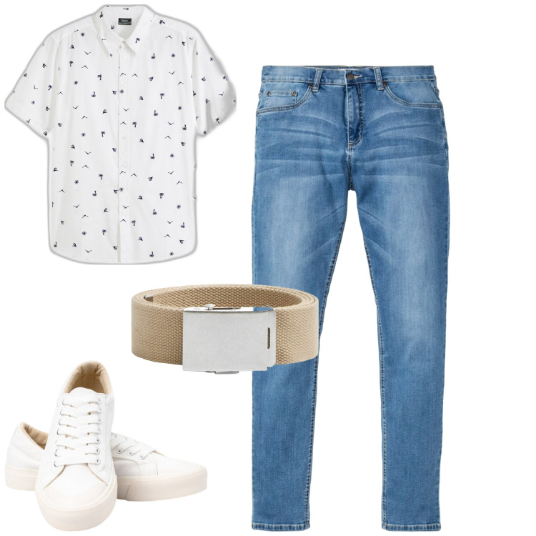Outfit uomo - Summer. Stile Casual per Tutti i giorni. Abbinamento con jeans, camicie a manica corta, cinture, sneakers.