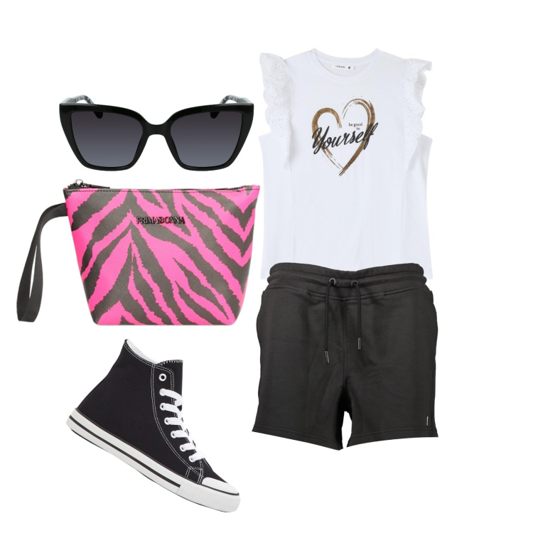 Outfit donna - Ghost outfitter - giugno. Stile Casual per Tutti i giorni. Abbinamento con sneakers alte, t-shirt, valigie, occhiali da sole, pantaloni.