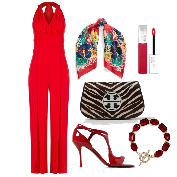Outfit donna - Ghost outfitter - giugno. Stile Glamour per Cerimonia. Abbinamento con rossetti, tute, braccialetti, foulard, sandali col tacco, clutch.