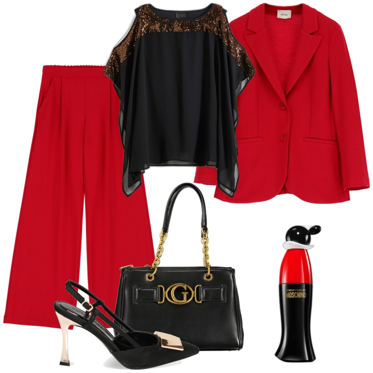 Outfit donna - Total look #1891428. Stile Chic per Serata fuori. Abbinamento con tuniche, profumi, décolleté, blazer, pantaloni a palazzo, borse a spalla.
