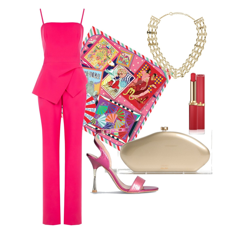 Outfit donna - Ghost outfitter - giugno. Stile Glamour per Cerimonia. Abbinamento con rossetti, tute, foulard, sandali col tacco, clutch, collane.