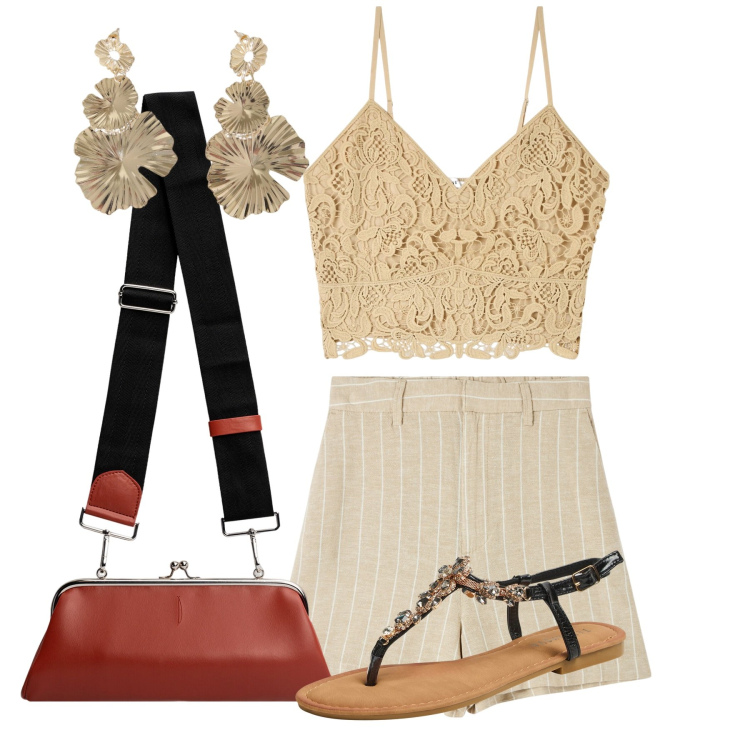 Outfit donna - Pomeriggio. Stile Casual chic per Tutti i giorni. Abbinamento con bermuda, top, sandali gioiello, orecchini, clutch.