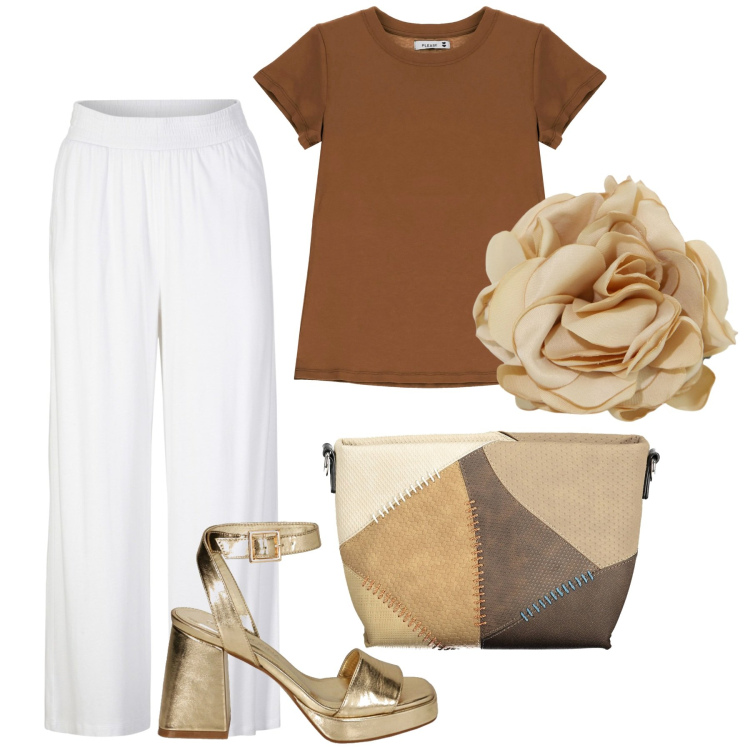 Outfit donna - La peonia. Stile Bon Ton per Tutti i giorni. Abbinamento con pantaloni, t-shirt, braccialetti, sandali col tacco, borse a tracolla.