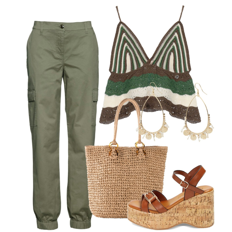 Outfit donna - Boho e sporty. Stile Boho per Tutti i giorni. Abbinamento con pantaloni cargo, shopping bag, top, zeppe, orecchini.