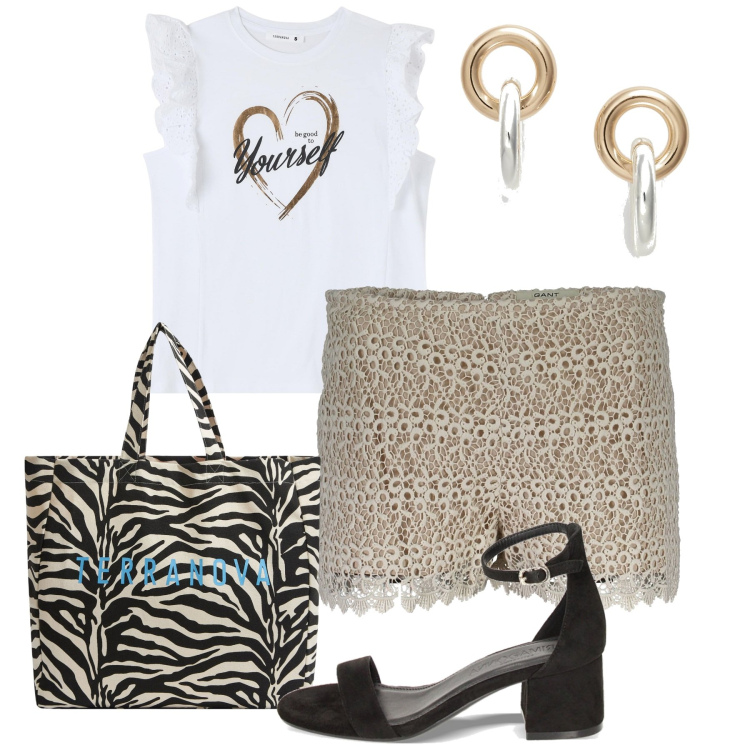 Outfit donna - Shopping. Stile Bon Ton per Tutti i giorni. Abbinamento con borse tote, t-shirt, sandali col tacco, orecchini, pantaloni.