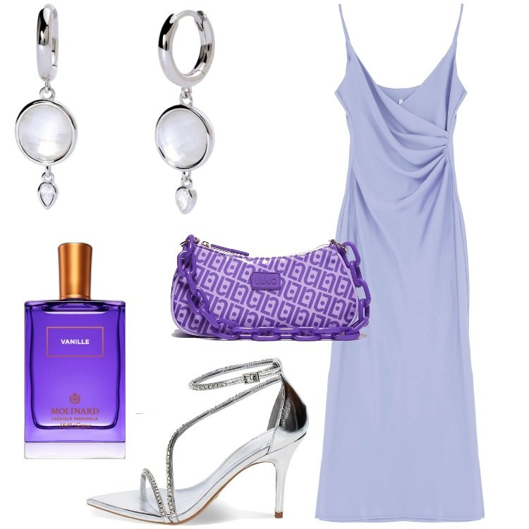 Outfit donna - Sexy. Stile Sexy per Serata fuori. Abbinamento con profumi, orecchini, vestiti midi/longuette, sandali gioiello, borse a tracolla.