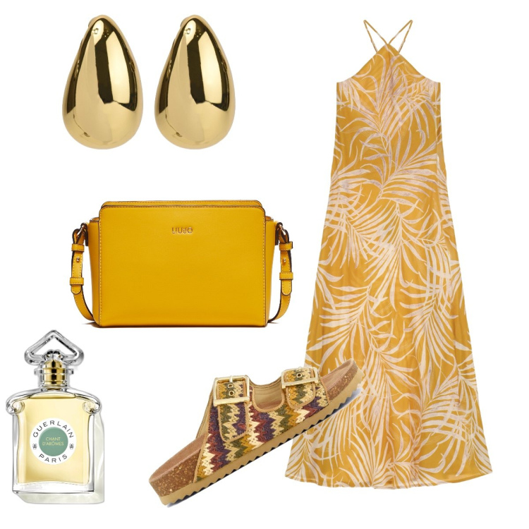Outfit donna - Color zafferano. Stile Chic per Serata fuori. Abbinamento con orecchini, profumi, vestiti lunghi, borse a tracolla, sandali.