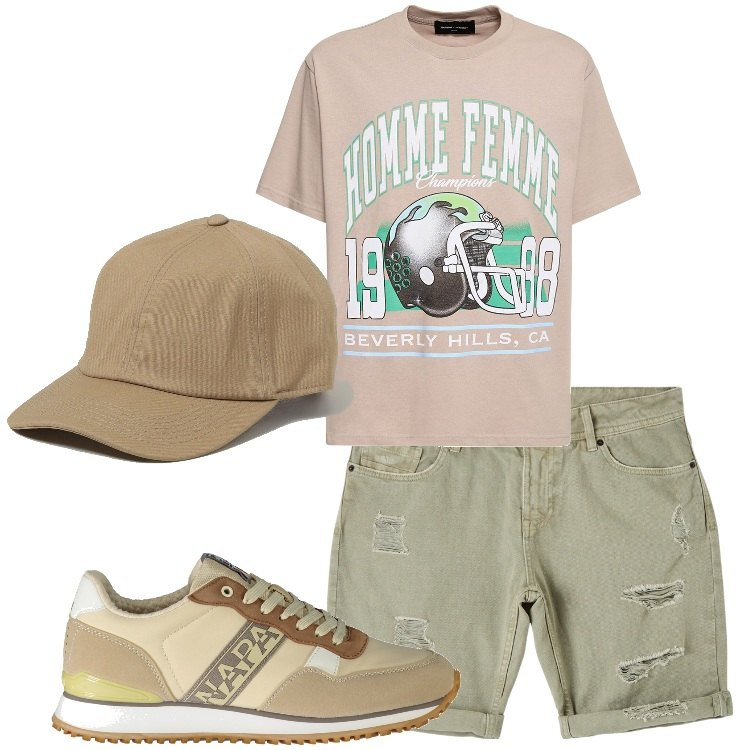 Outfit uomo - Lavoretti in giardino. Stile Casual per Tutti i giorni. Abbinamento con bermuda, t-shirt, cappelli, sneakers.