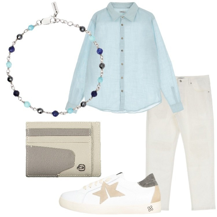 Outfit uomo - Una serata d\'estate. Stile Casual per Serata speciale. Abbinamento con pantaloni, sneakers, camicie, braccialetti, portafogli.