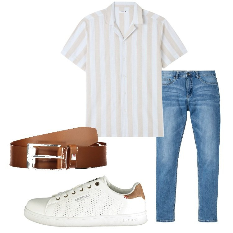 Outfit uomo - Una fresca camicia a righe. Stile Casual per Tutti i giorni. Abbinamento con jeans, camicie a manica corta, sneakers, cinture.
