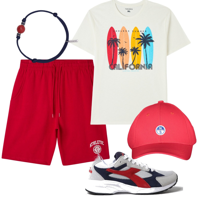 Outfit uomo - Total look #1891495. Stile Trendy per Tutti i giorni. Abbinamento con t-shirt, bermuda, braccialetti, cappelli con visiera, sneakers.