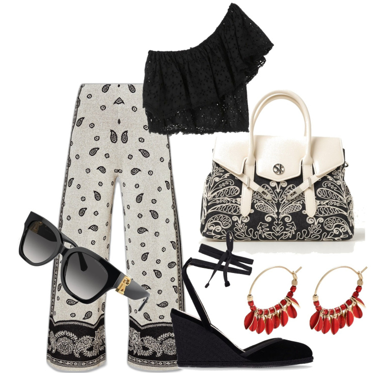 Outfit donna - Ghost outfitter - giugno. Stile Casual chic per Tutti i giorni. Abbinamento con orecchini, top, occhiali da sole, borse a mano, espadrillas, pantaloni.