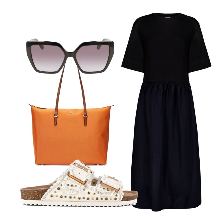 Outfit donna - Minimal. Stile Bon Ton per Tutti i giorni. Abbinamento con borse tote, sandali, vestiti midi/longuette, occhiali da sole.