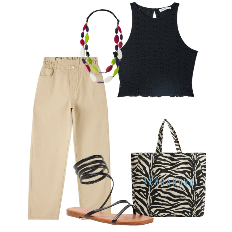 Outfit donna - Daily. Stile Basic per Tutti i giorni. Abbinamento con borse tote, pantaloni, top, sandali, collane.