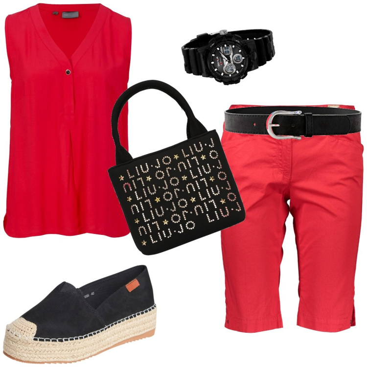 Outfit donna - Rosso al tramonto. Stile Casual per Tutti i giorni. Abbinamento con cinture, top, orologi, espadrillas, bermuda, borse a mano.