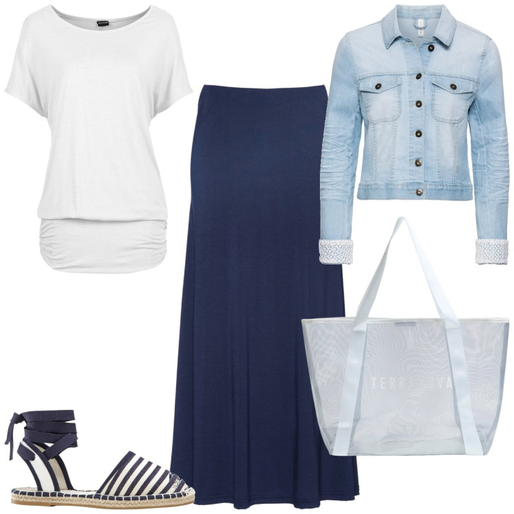Outfit donna - Espadrillas a righe blu marine. Stile Casual per Tutti i giorni. Abbinamento con maglieria, blazer, gonne lunghe, espadrillas, shopping bag.
