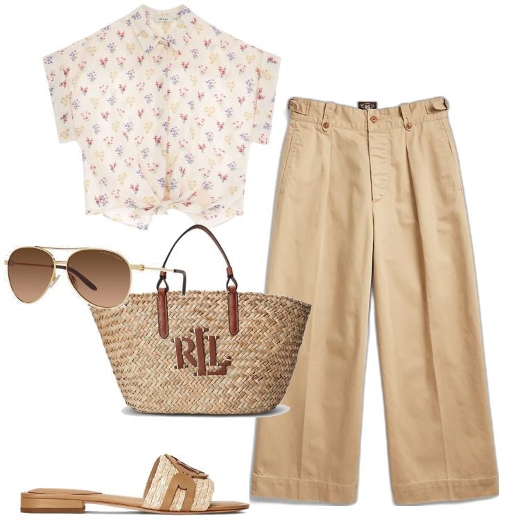 Outfit donna - City. Stile Casual chic per Tutti i giorni. Abbinamento con camicie a manica corta, pantaloni, occhiali da sole, sandali col tacco, borse tote.
