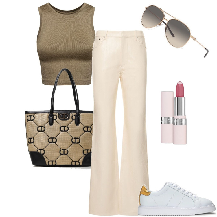 Outfit donna - Casual ma con il rossetto. Stile Casual chic per Tutti i giorni. Abbinamento con rossetti, sneakers, occhiali da sole, borse tote, canottiere, pantaloni.