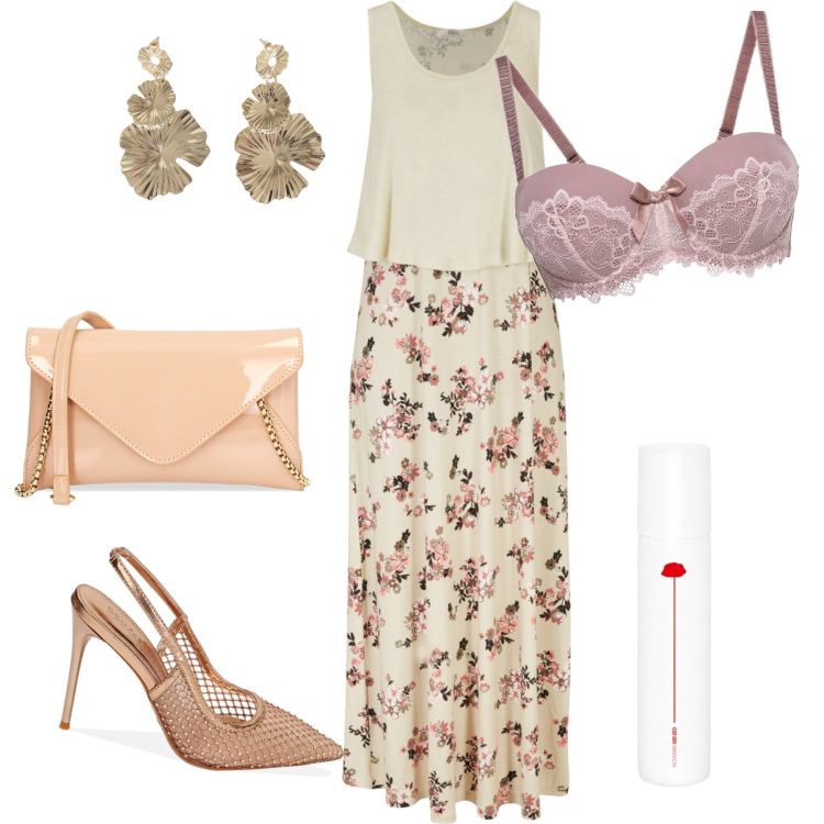 Outfit donna - Domenica ad una cresima. Stile Bon Ton per Cerimonia. Abbinamento con vestiti lunghi, reggiseni a balconcino, profumi, décolleté, pochette, orecchini.