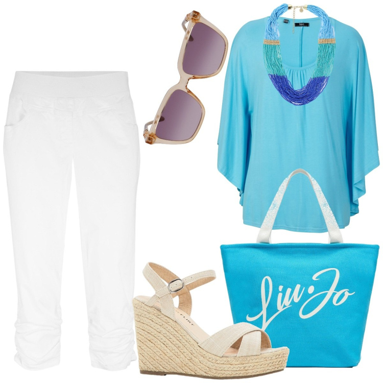 Outfit donna - Toni freschi estivi. Stile Casual per Tutti i giorni. Abbinamento con pantaloni, sandali, maglieria, collane, shopping bag, occhiali da sole.