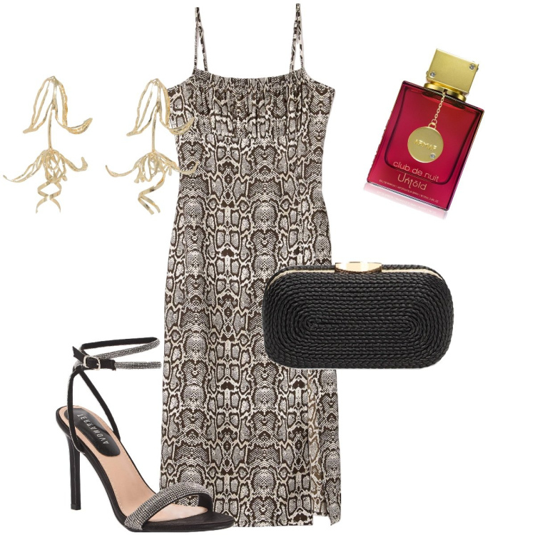 Outfit donna - L’abitino pitonato. Stile Sexy per Serata fuori. Abbinamento con profumi, vestiti lunghi, sandali col tacco, orecchini, clutch.