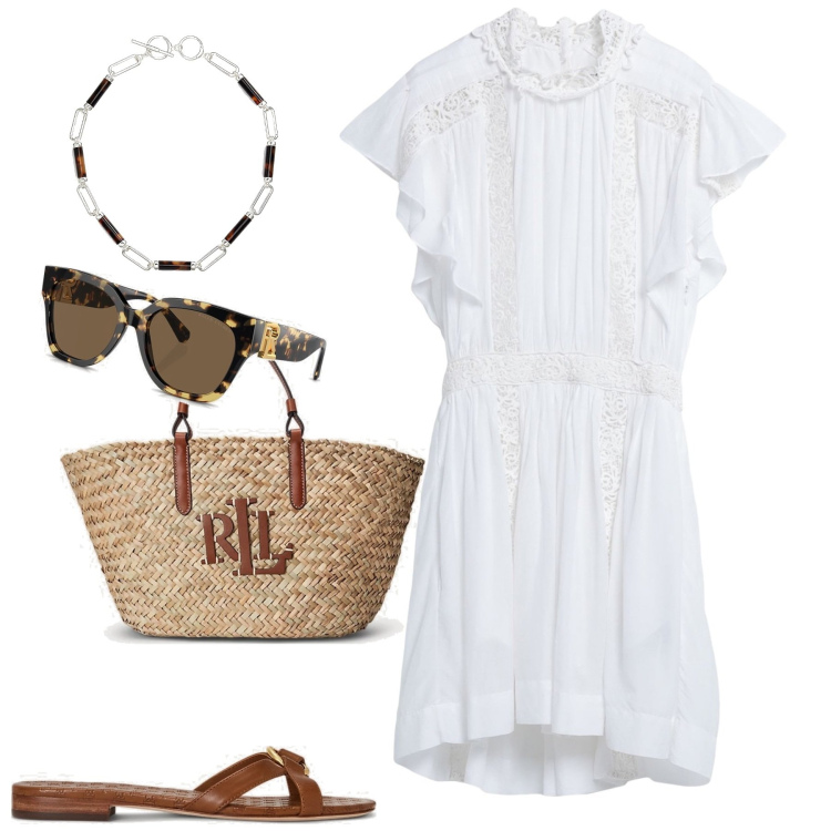 Outfit donna - Total look #1891561. Stile Boho per Tutti i giorni. Abbinamento con vestiti corti, occhiali da sole, collane, borse tote, ciabatte.