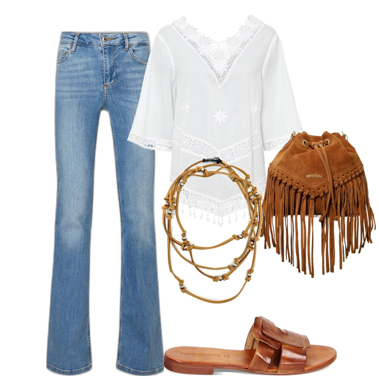 Outfit donna - City. Stile Boho per Tutti i giorni. Abbinamento con tuniche, collane, borse a secchiello, sandali, jeans.