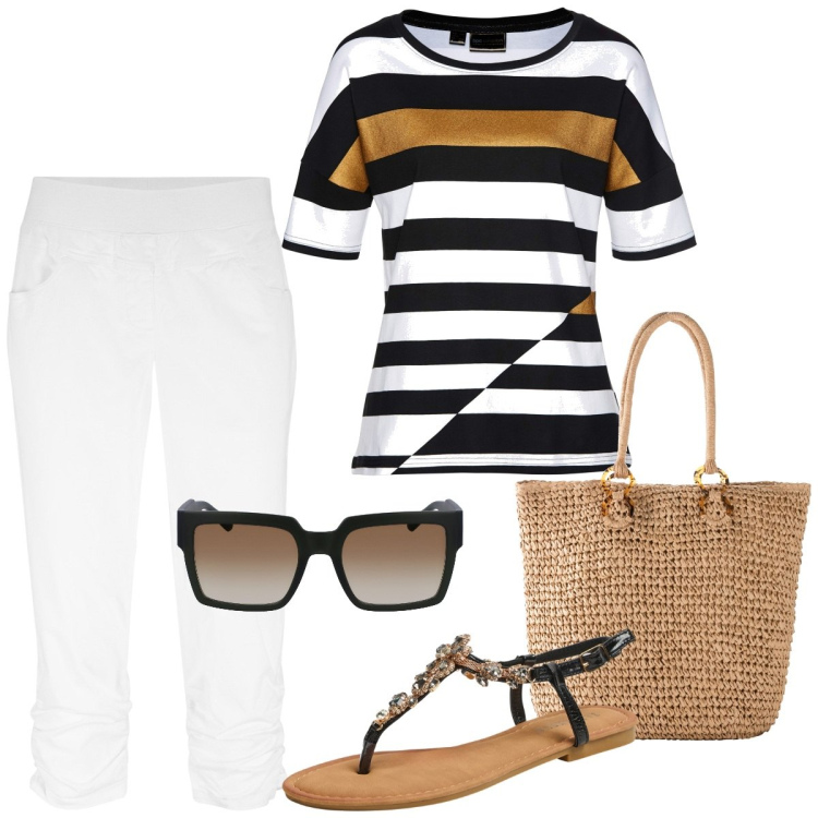Outfit donna - Comodità estrema. Stile Casual per Tutti i giorni. Abbinamento con pantaloni, maglieria, shopping bag, sandali gioiello, occhiali da sole.