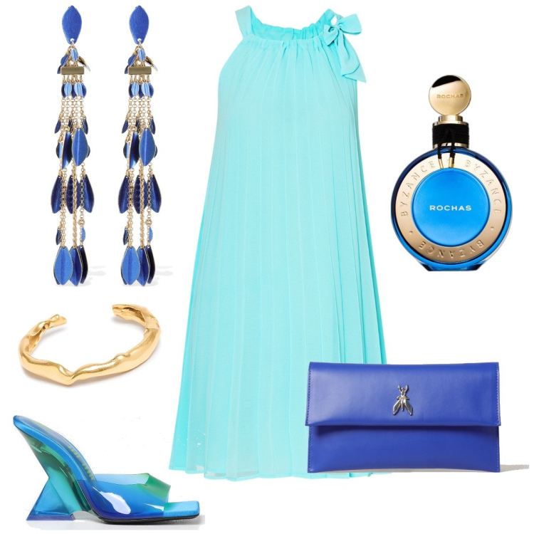 Outfit donna - Serata fuori. Stile Chic per Serata fuori. Abbinamento con profumi, clutch, vestiti corti, orecchini, sandali in pelle, braccialetti.