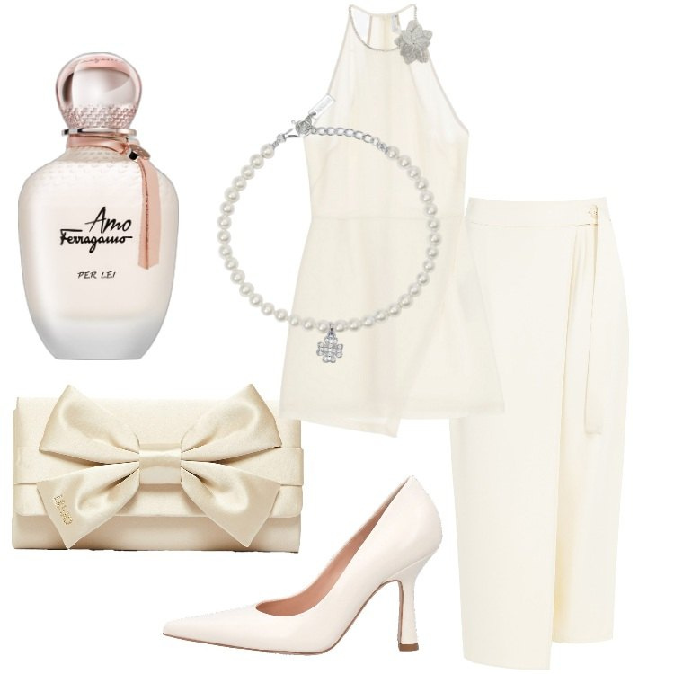 Outfit donna - Sposa a giugno. Stile Chic per Cerimonia. Abbinamento con pantaloni a palazzo, profumi, braccialetti con ciondoli, vestiti corti, pochette, décolleté.