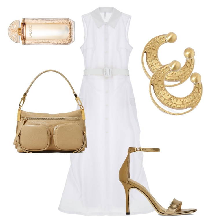 Outfit donna - Chemisier con cintura. Stile Bon Ton per Serata fuori. Abbinamento con profumi, vestiti lunghi, sandali in pelle, orecchini, borse a spalla.