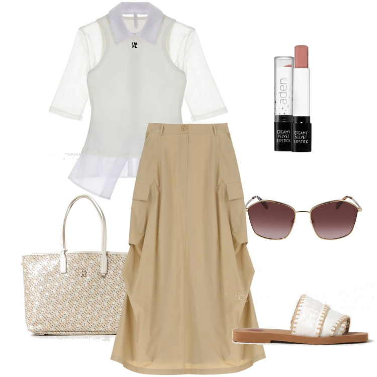 Outfit donna - Camicia e gilet insieme. Stile Casual chic per Tutti i giorni. Abbinamento con rossetti, camicie, gonne lunghe, borse tote, ciabatte, occhiali da sole.