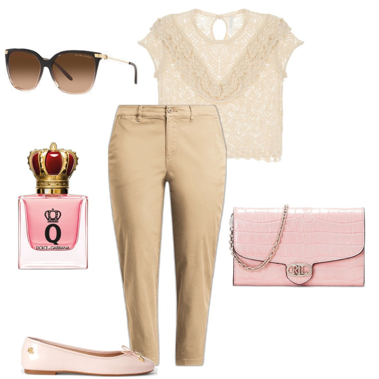 Outfit donna - Il profumo di Dolce e Gabbana. Stile Casual chic per Ufficio. Abbinamento con profumi, pullovers, occhiali da sole, pantaloni chino, ballerine, borse a tracolla.