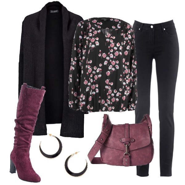 Outfit donna - Basic #17015. Stile Basic per Tutti i giorni. Abbinamento con cardigans, jeans dritti, blusa a maniche lunghe nero, stivali con zip rosso, borsa a tracolla rosso, orecchini farfalla nero e oro.
