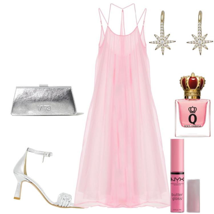 Outfit donna - Cenerentola moderna. Stile Glamour per Serata fuori. Abbinamento con orecchini, gloss, profumi, vestiti lunghi, décolleté, clutch.