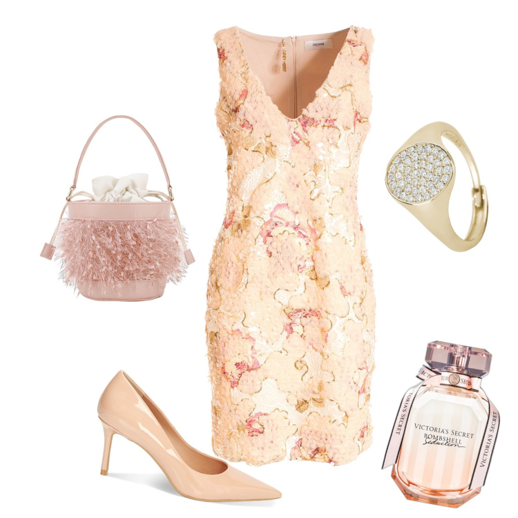 Outfit donna - Invito a cena. Stile Chic per Serata fuori. Abbinamento con profumi, anelli, borse a secchiello, vestiti a tubino, décolleté.
